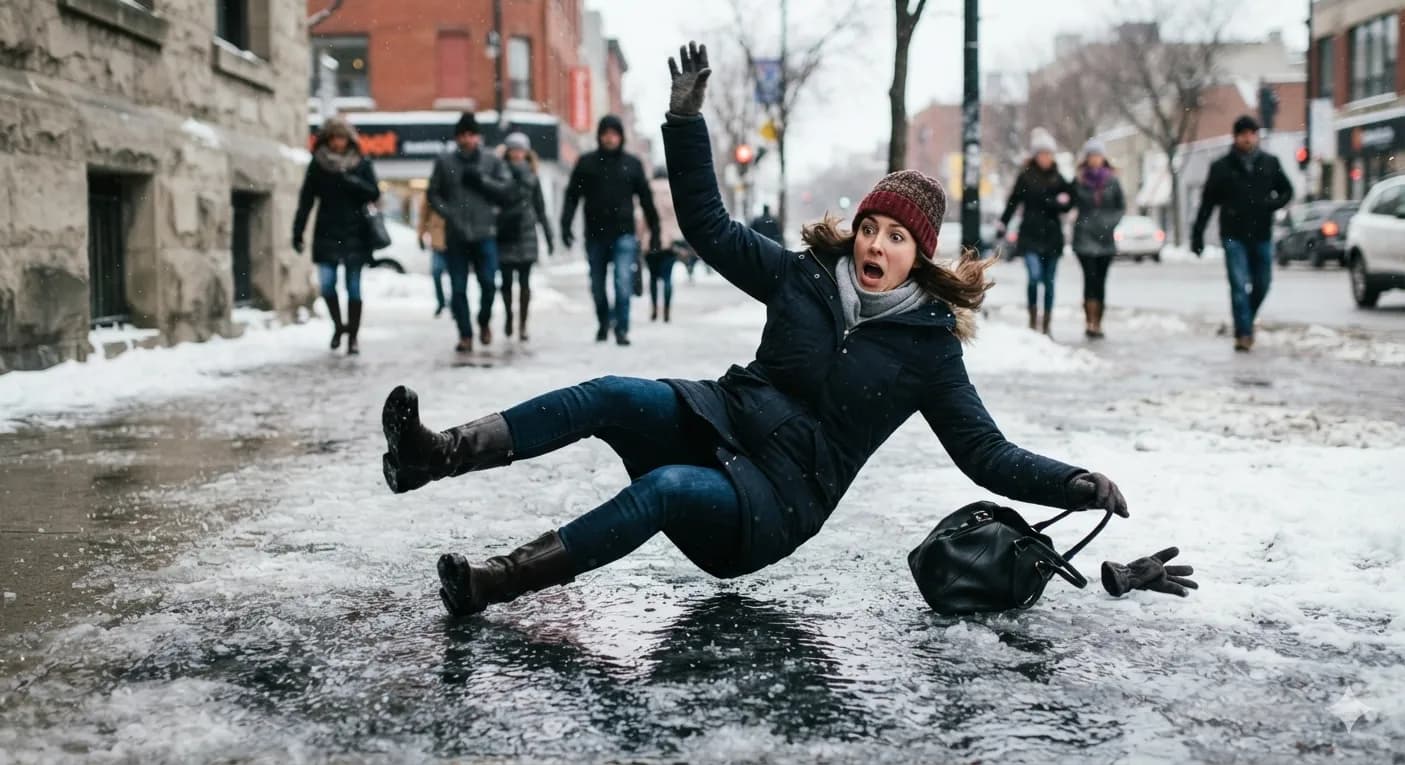 A woman falls backward on a snowy, icy city sidewalk, with her handbag and a glove beside her after slipping in winter weather.