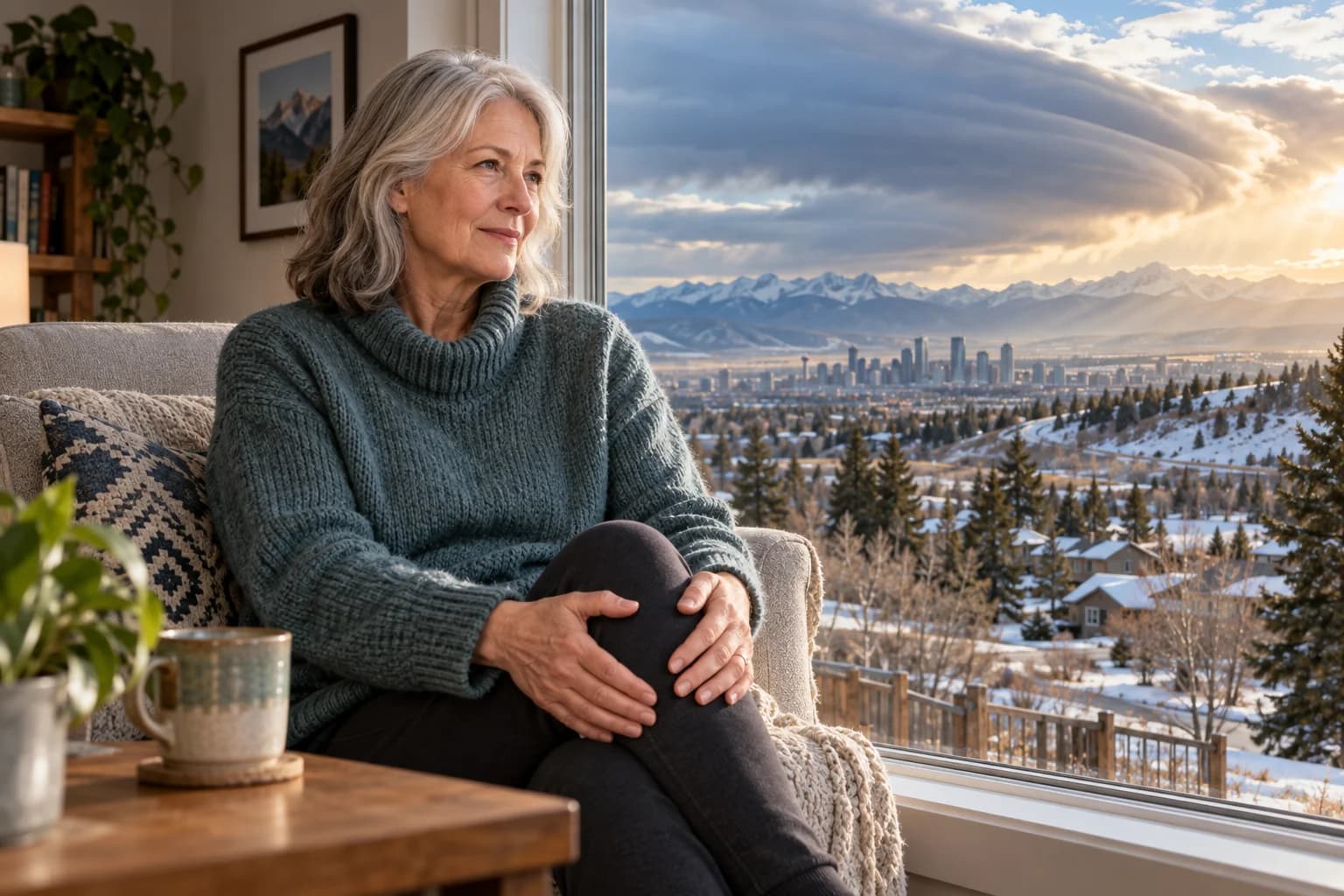 An older adult rests their hands on one knee beside a window overlooking melting snow and a Chinook sky in Calgary.