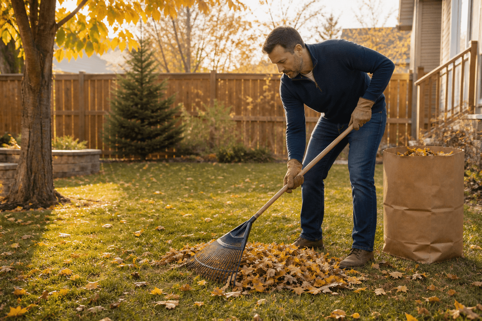 Calgary homeowner uses safe raking posture during fall yard work to help prevent lower back pain.