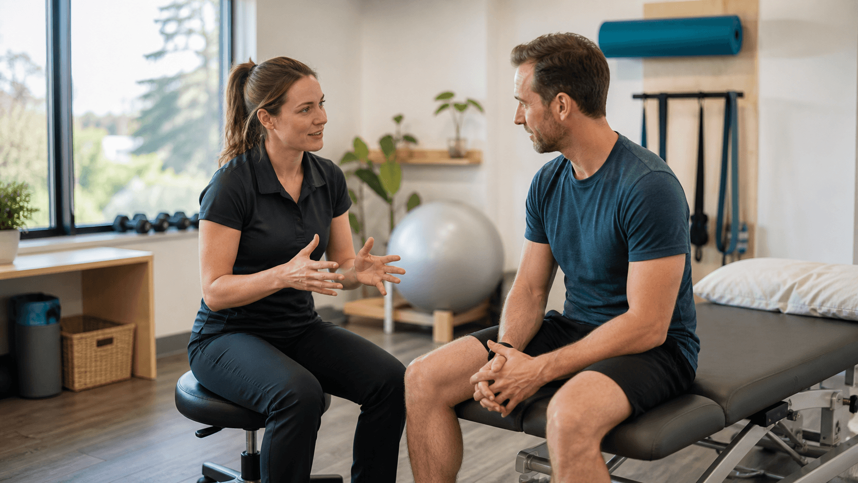 A physiotherapist explains the first-visit assessment process to a patient at a Calgary physio clinic.