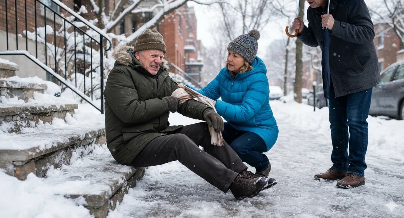 An older man sits on snowy front steps holding his injured wrist while a woman supports it with a scarf after a fall on an icy sidewalk.
