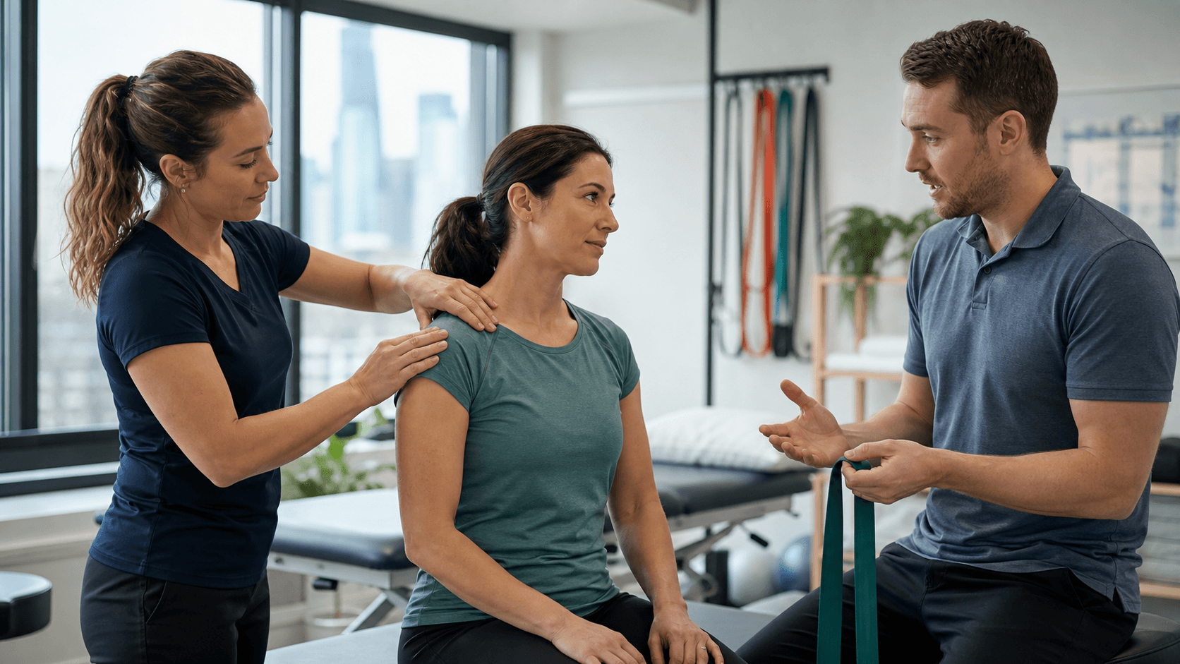A massage therapist and physiotherapist provide complementary care for a patient at a Calgary clinic.