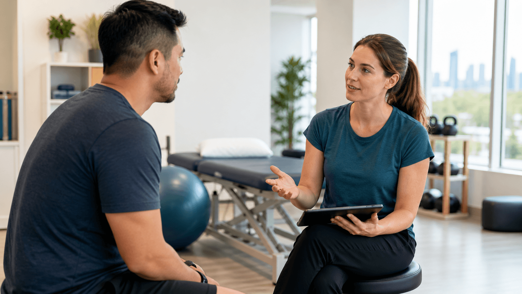A physiotherapist discusses a personalized treatment plan with a patient at a Calgary physio clinic.