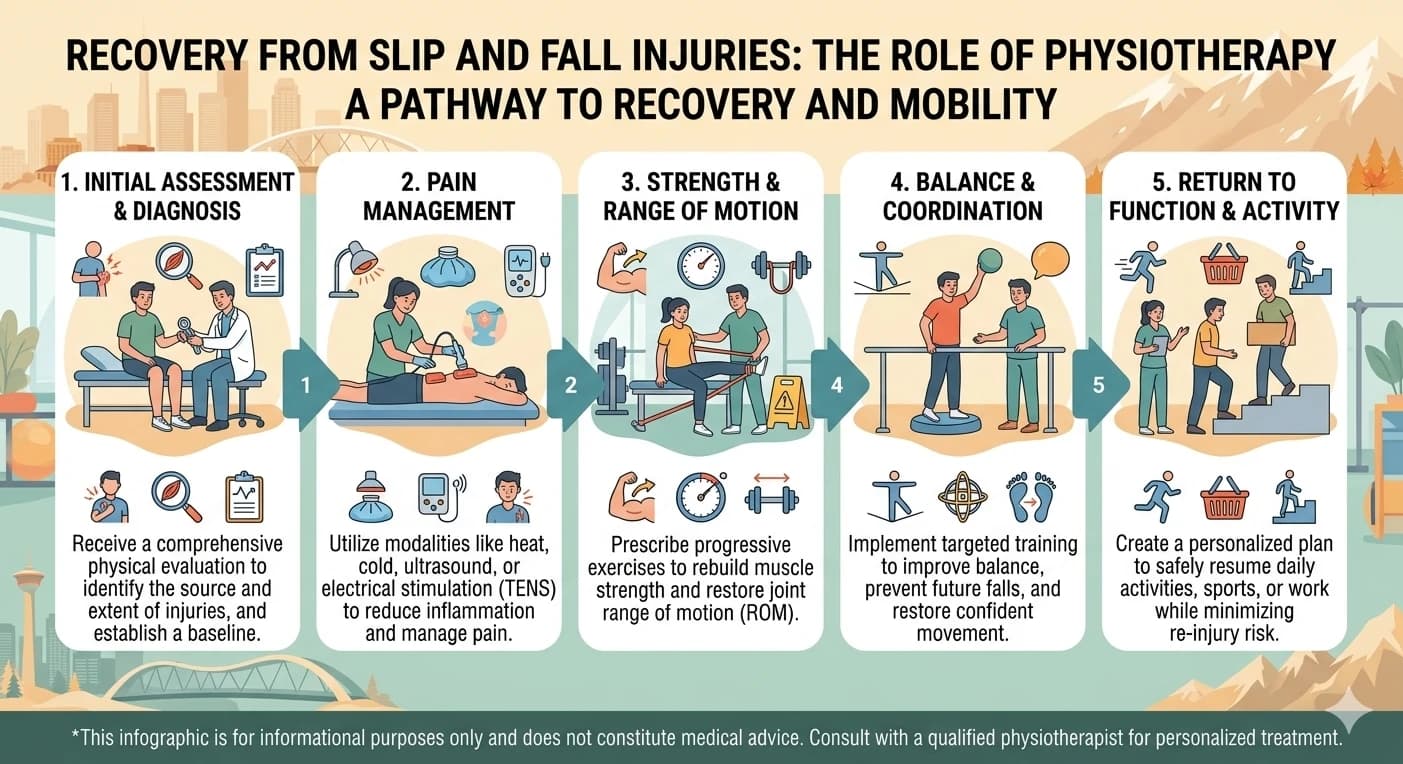 Infographic showing five stages of physiotherapy after a slip and fall injury, from initial assessment to returning to daily activity.