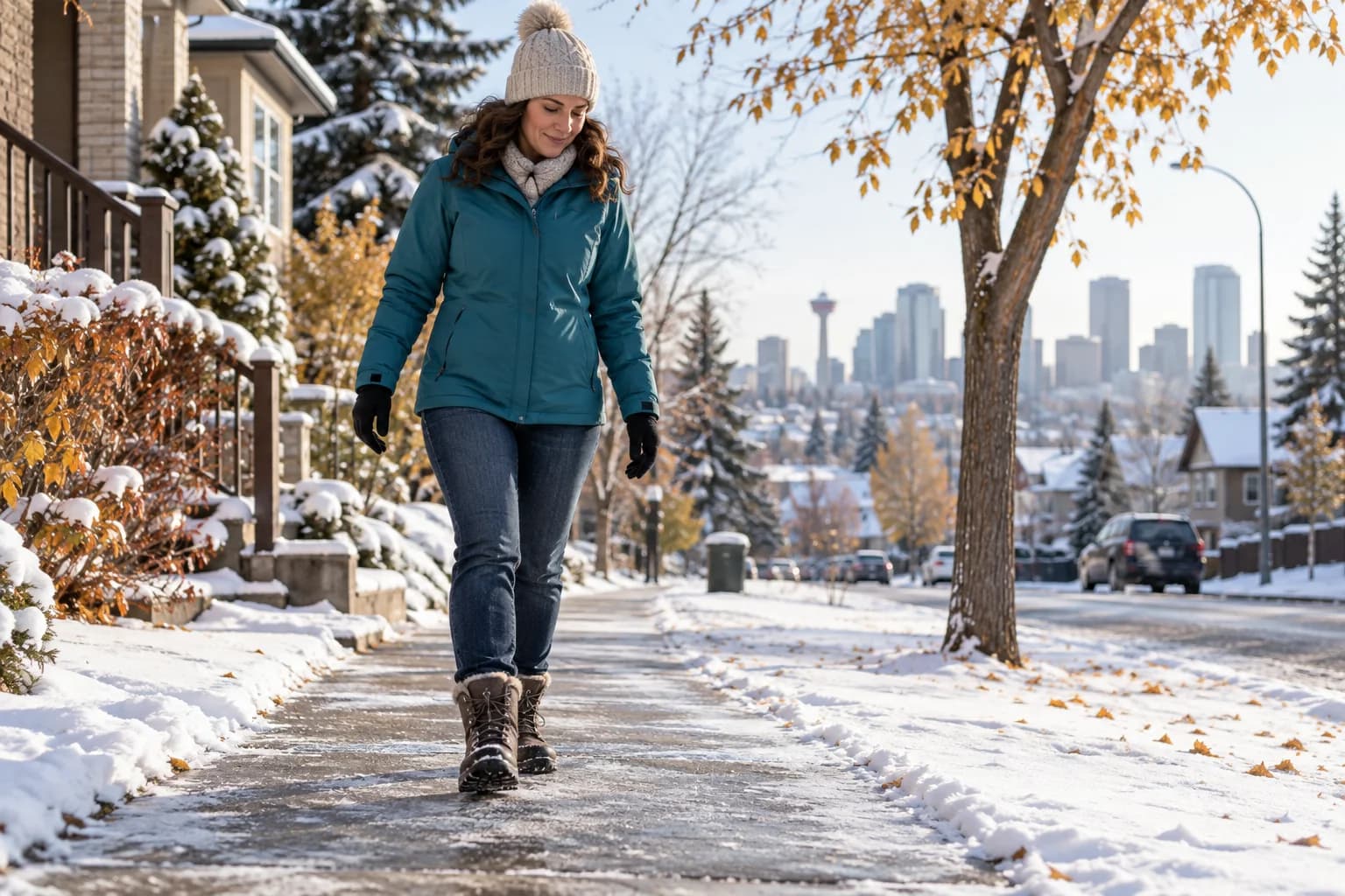 An adult in winter boots walks carefully along a snowy Calgary sidewalk after the first snowfall.