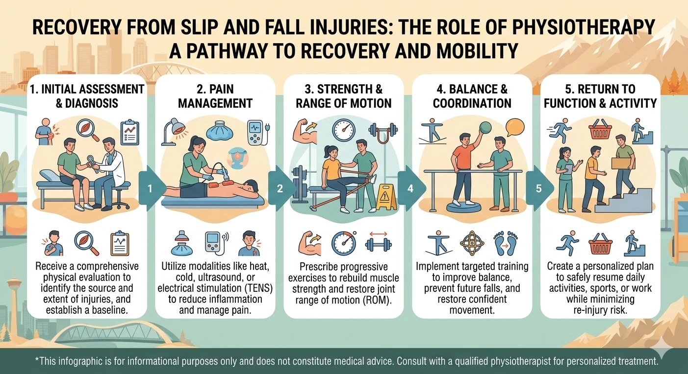 Infographic showing five stages of physiotherapy after a slip and fall injury: initial assessment and diagnosis, pain management, strength and range of motion, balance and coordination, and return to function and activity.